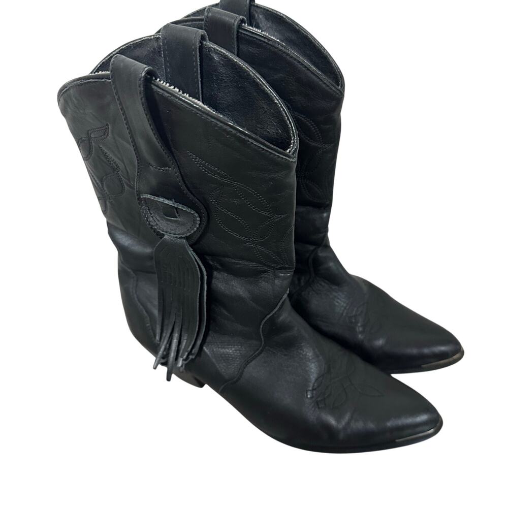 Vintage Santa Fe Boot Co. Black Leather Fringe Western Boots Women's Sz 8 Mexico